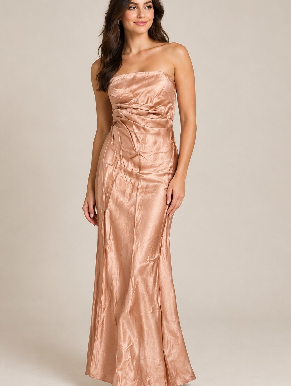 Fate Verbena Bronze Satin Draped Strapless Maxi Dress